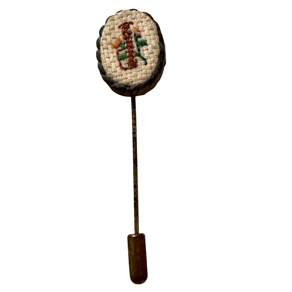 Vintage Embroidered Stick Pin Made in Taiwan Folk Textile Hat Lapel Pin Letter J